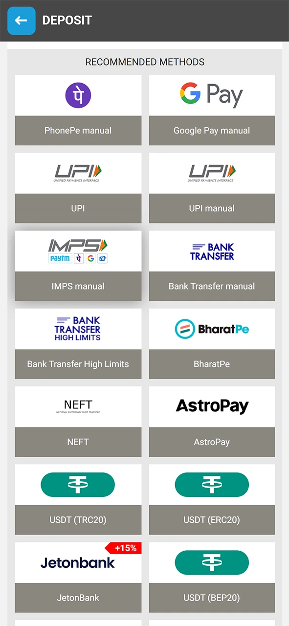 Choose a convenient deposit method available on Megapari.