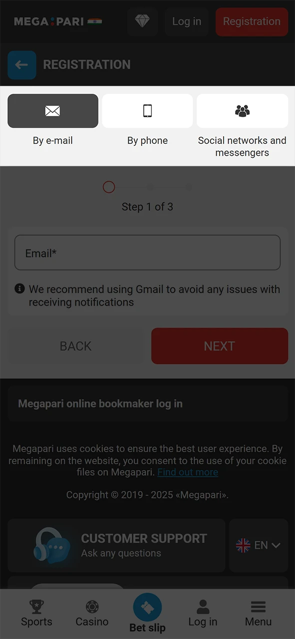 Choose your preferred method of registration on Megapari.