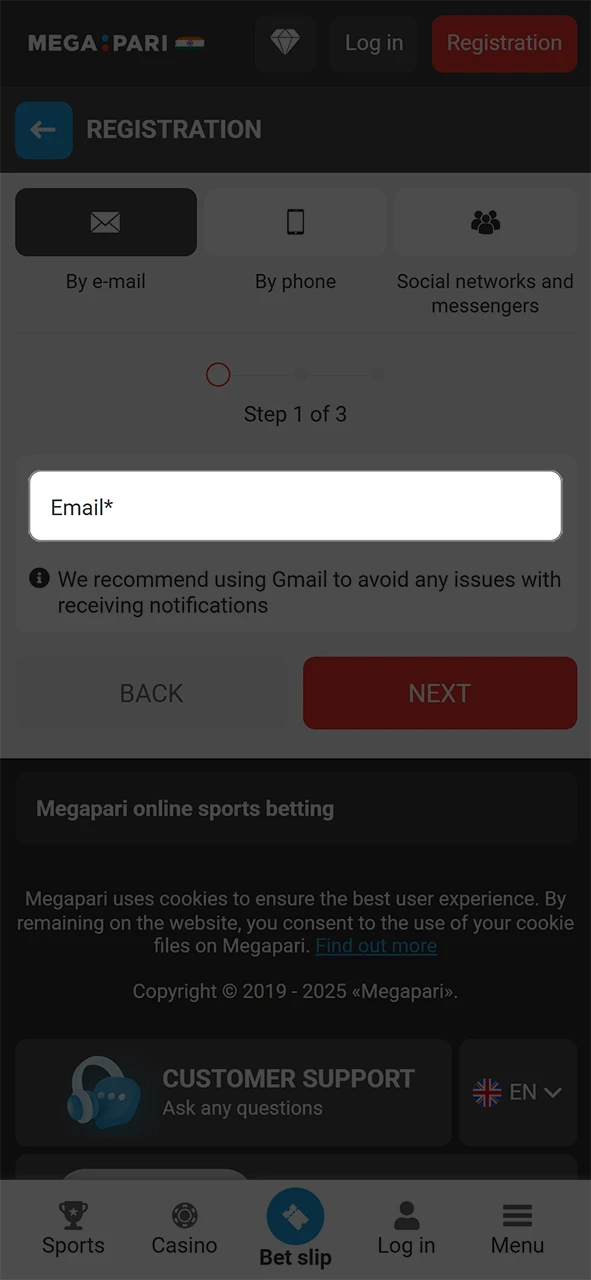 Enter the required information to register on Megapari.
