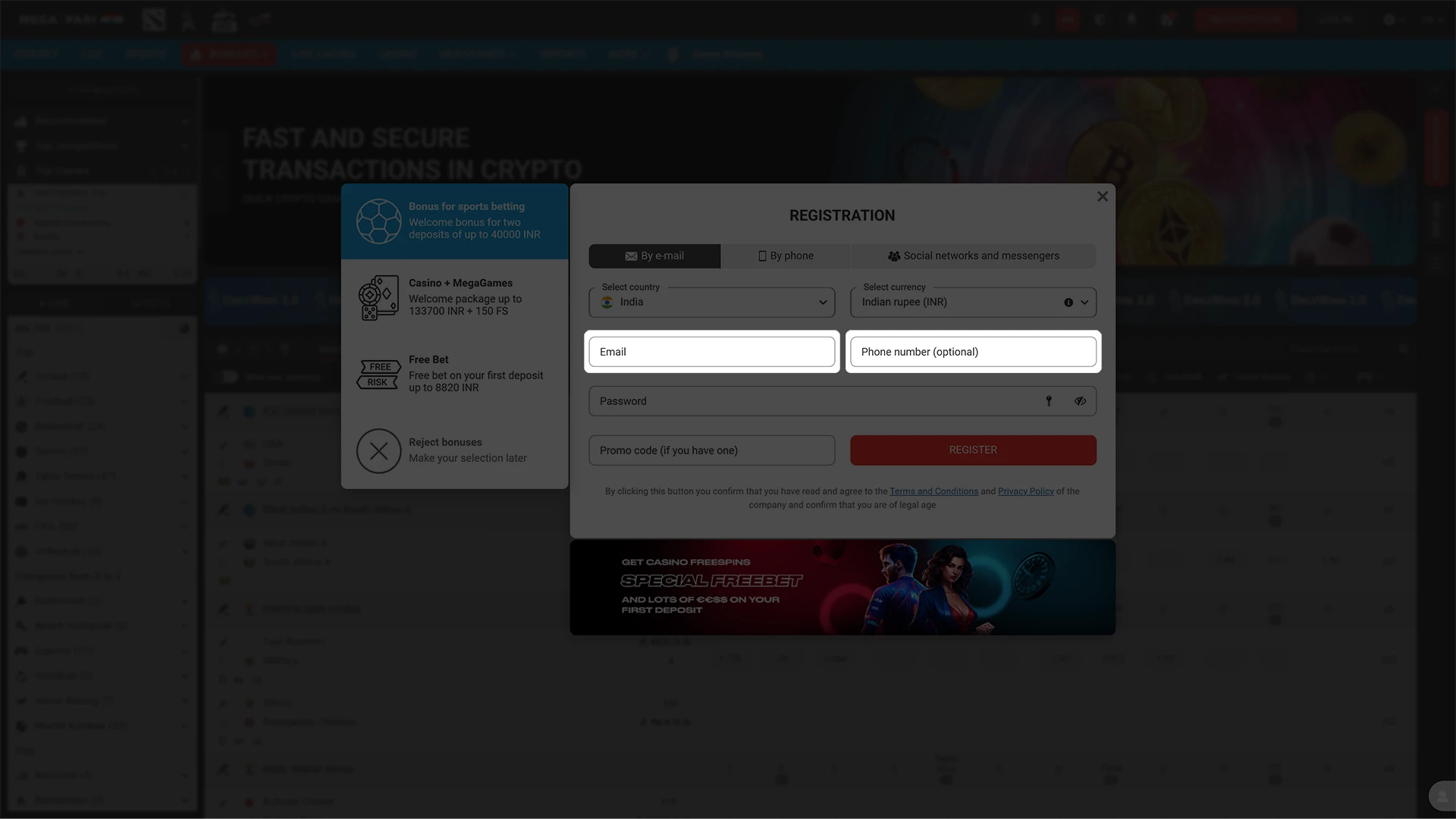 Enter the required information to register on Megapari.