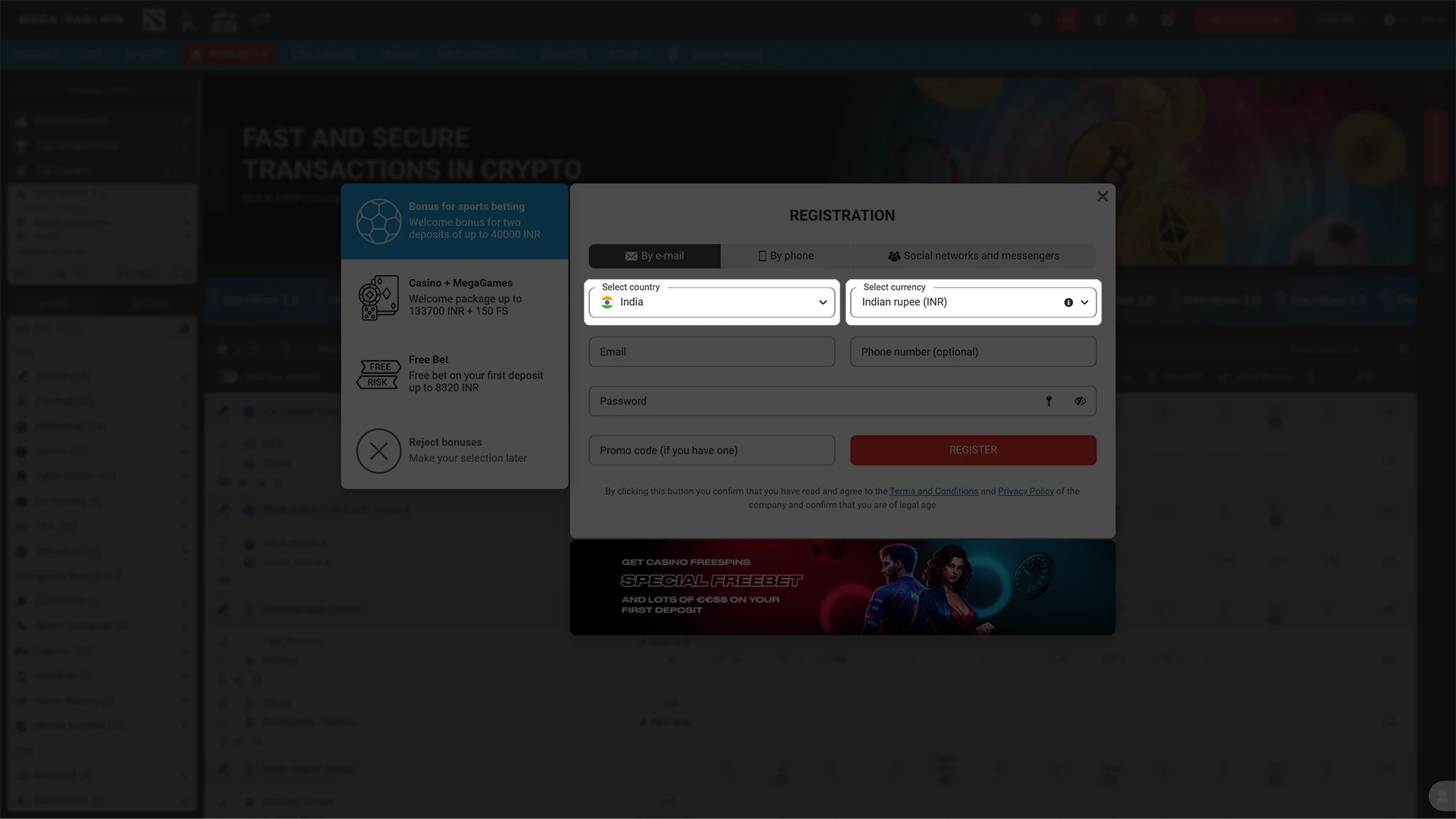 Specify the country and currency for your Megapari account.