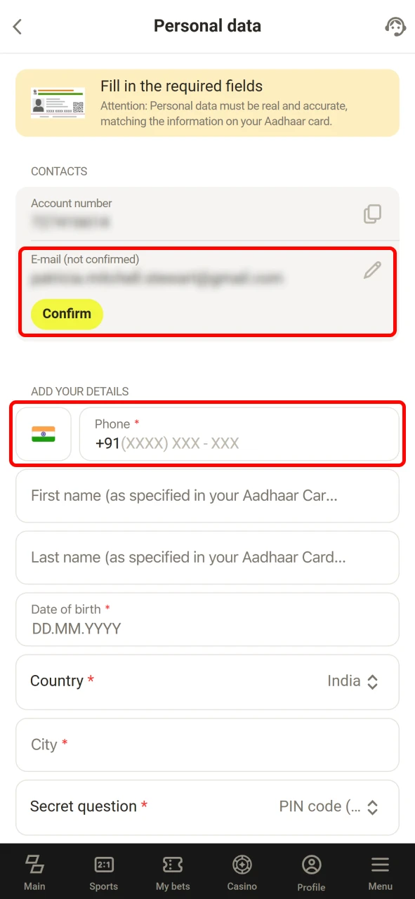 Provide contact information to use Parimatch in India.