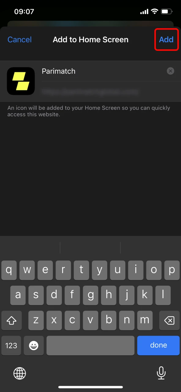 Tap Add to complete iOS app installation for Parimatch.