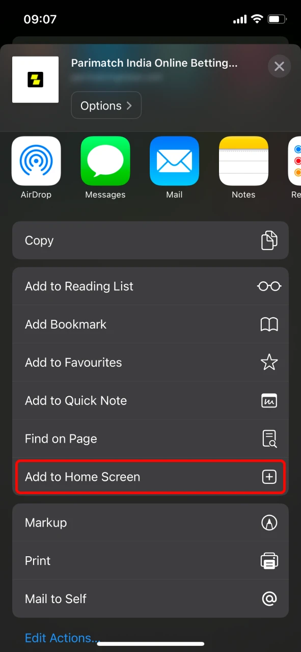 Add Parimatch PWA to your iOS home screen.