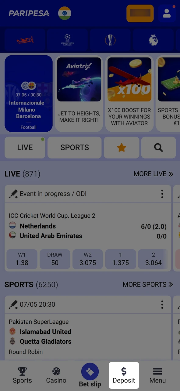 Go to the Paripesa deposit section.