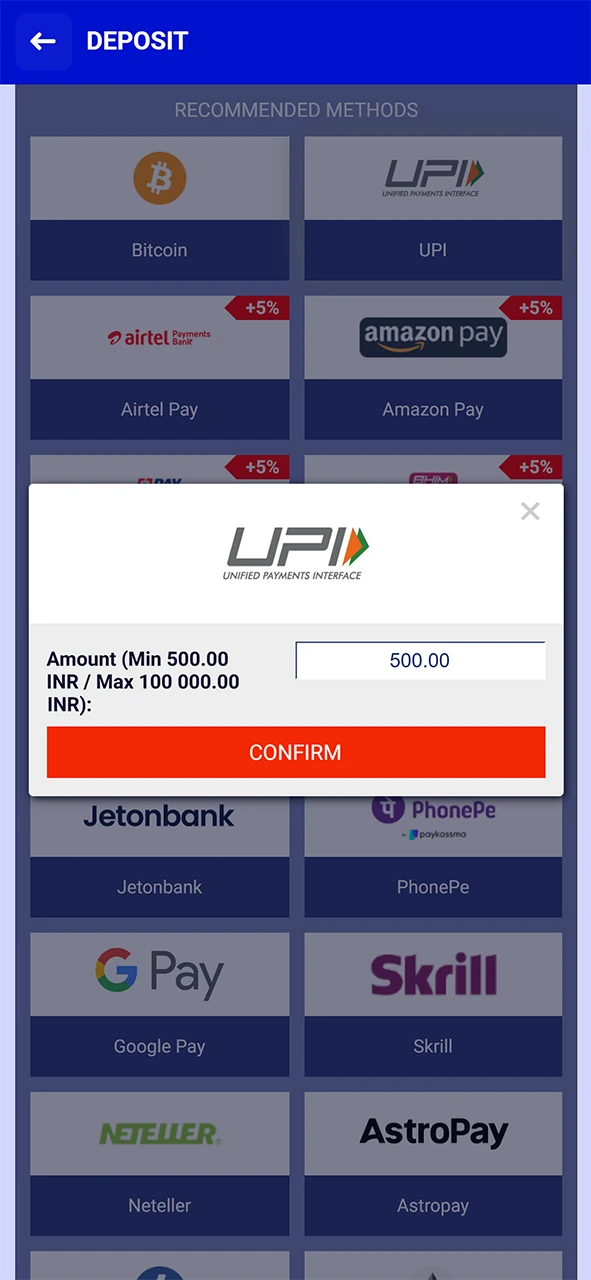 Enter the amount and confirm the Paripesa deposit.