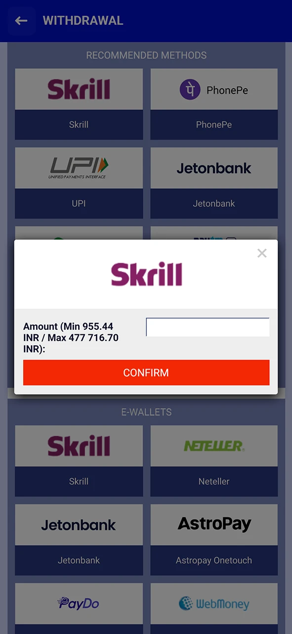 Enter the amount and confirm the withdrawal from Paripesa.