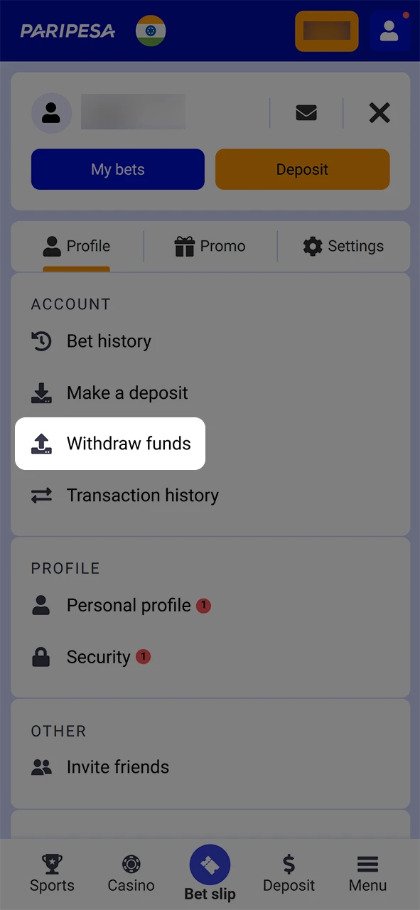 Click on the button to withdraw funds from Paripesa.