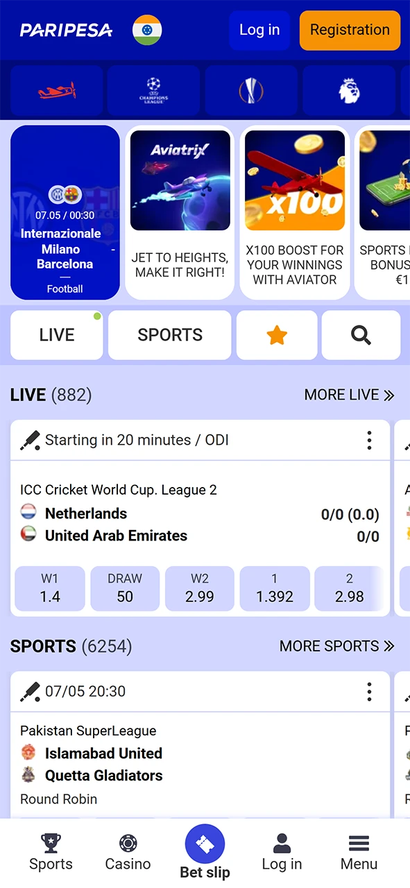 Home page in the Paripesa app.