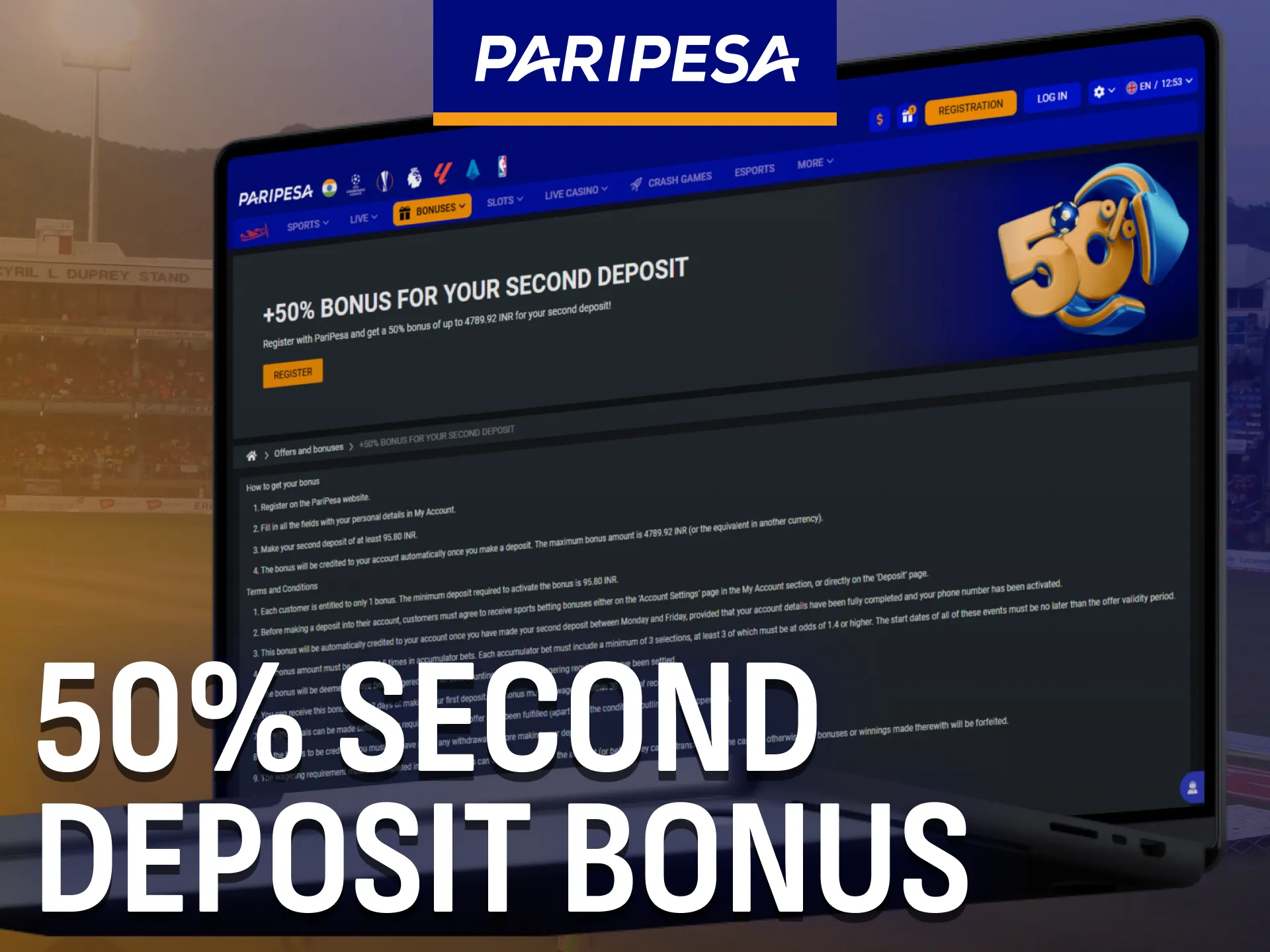Claim a 50% second deposit bonus from Paripesa.