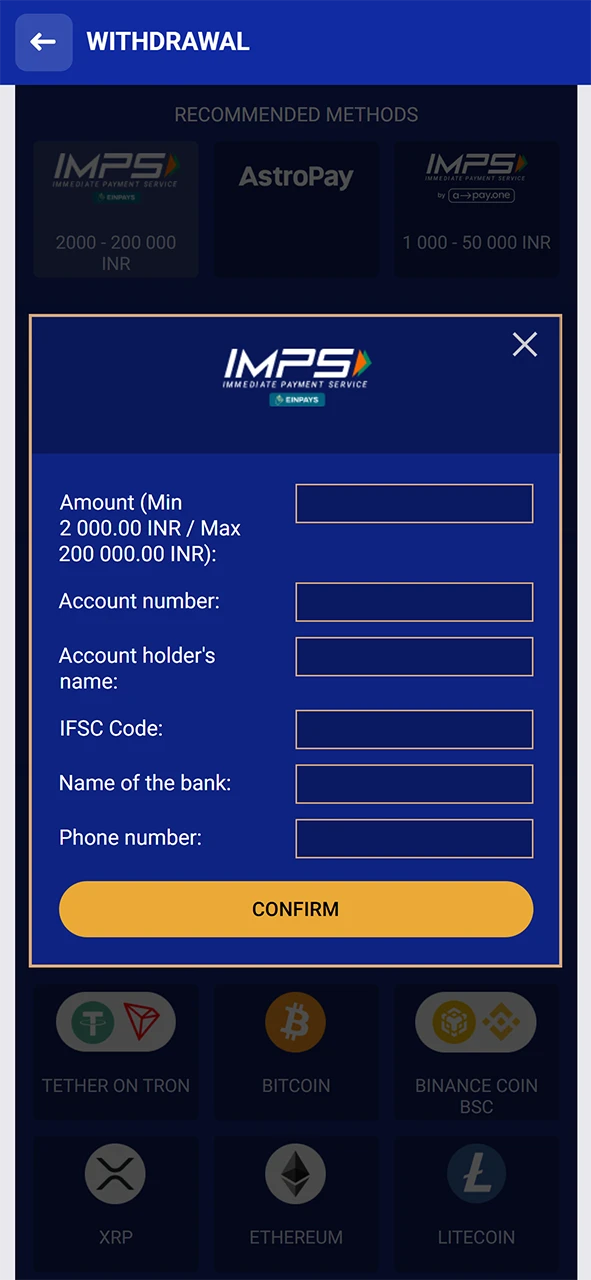 Specify the amount and confirm the withdrawal from SapphireBet.
