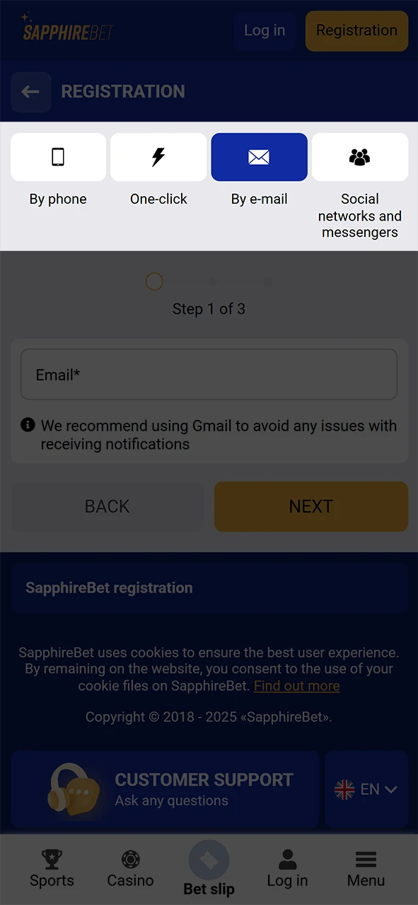 Choose a convenient method of registration at SapphireBet.