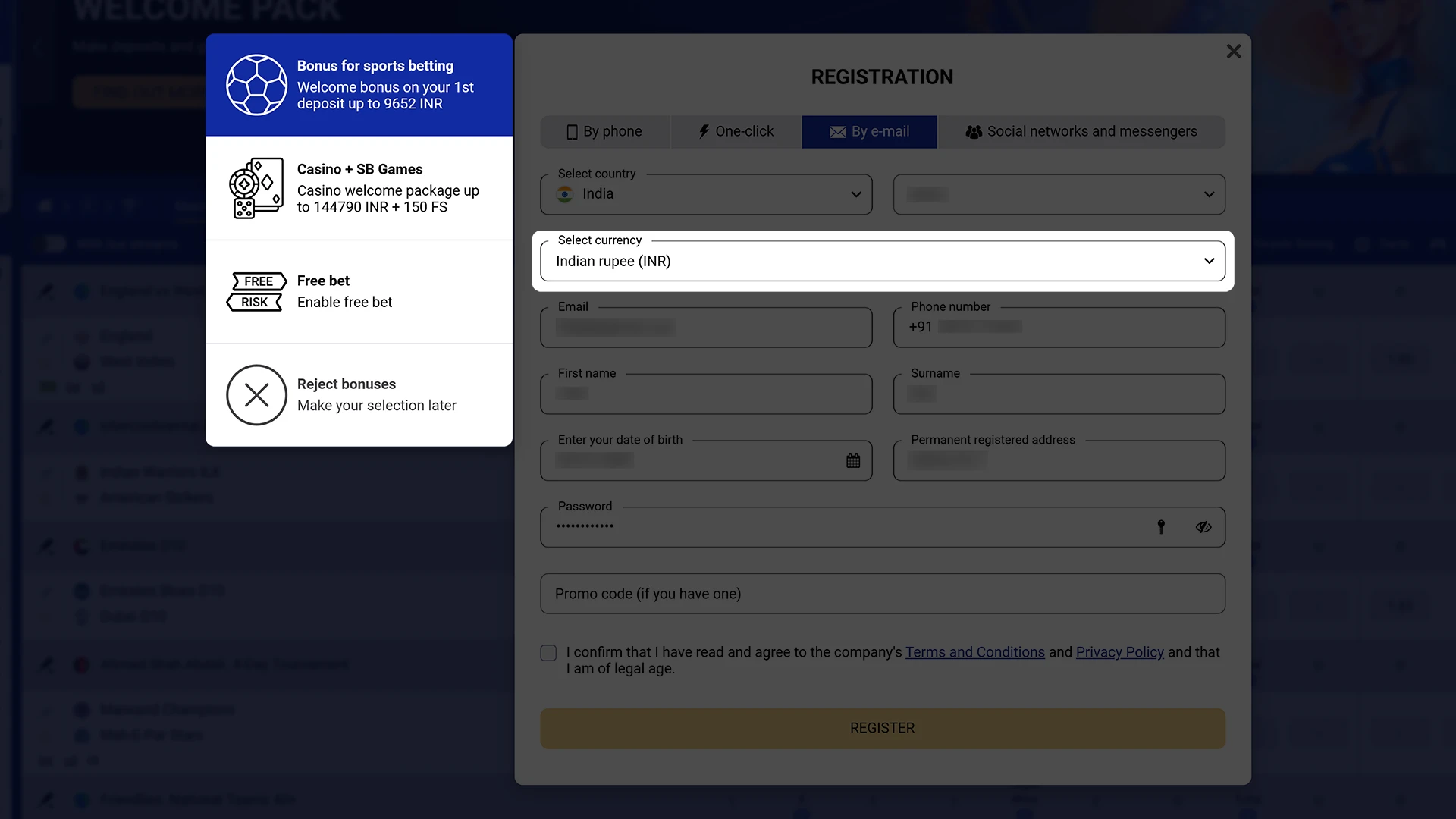 Select the SapphireBet signup bonus and specify your account currency.