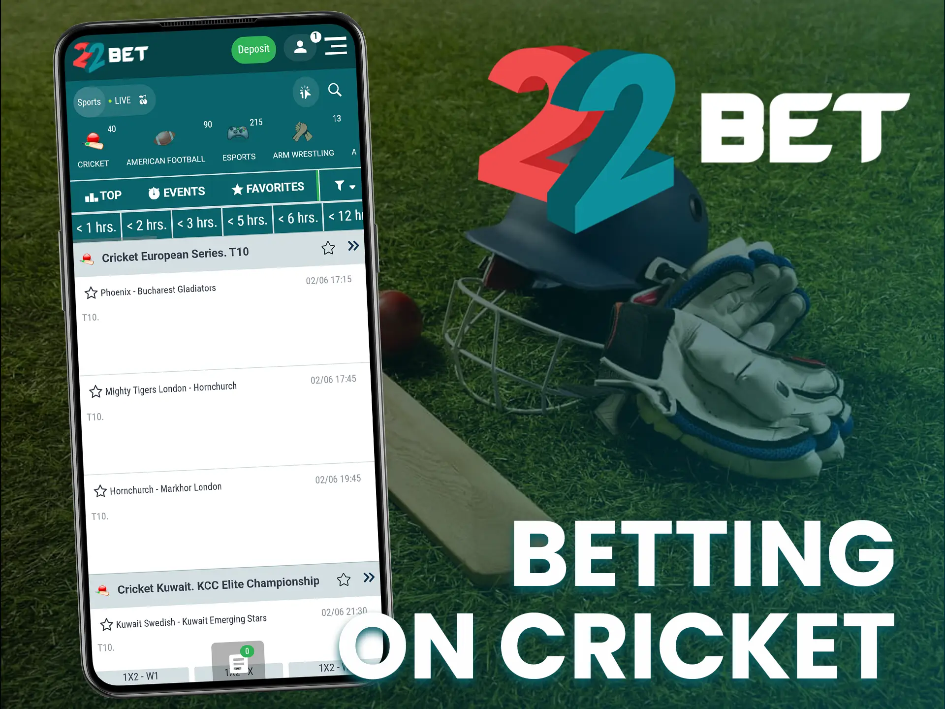 Bet on all popular cricket events on the 22Bet app.