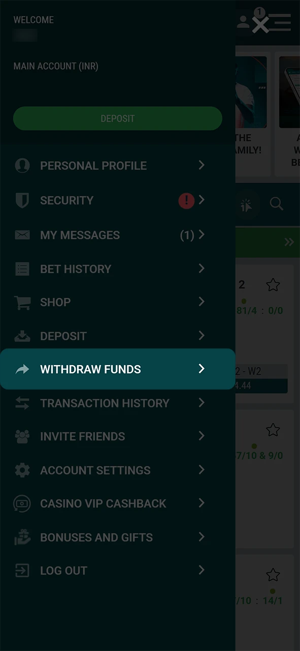 Go to the withdrawal section of 22Bet.