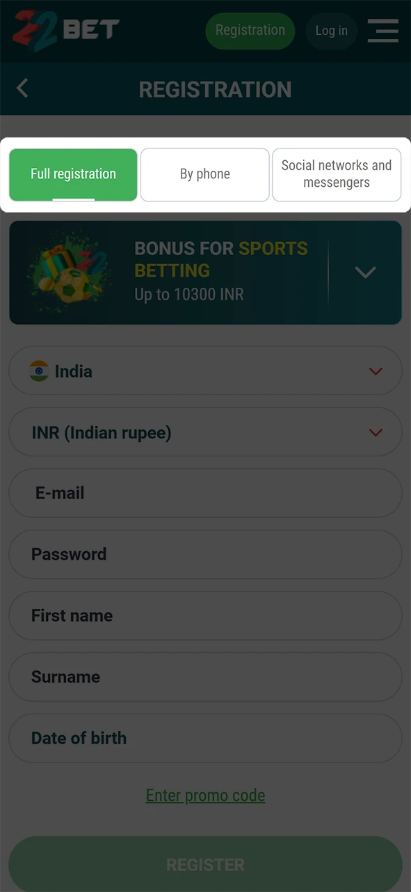 22Bet offers several options for registration.