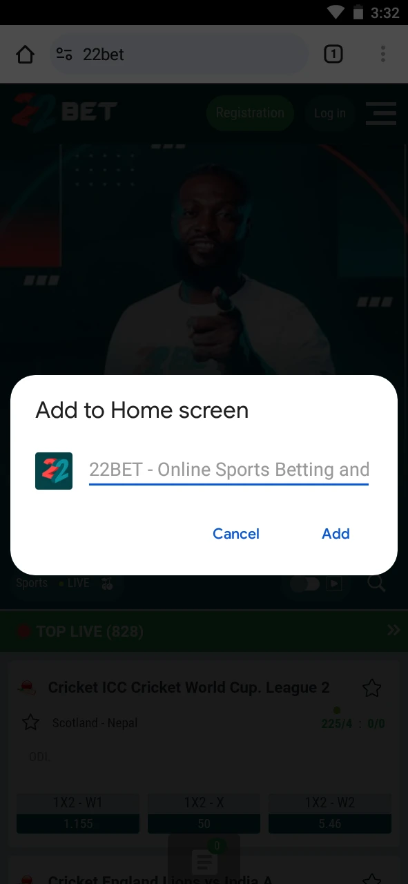 Confirm the installation of the PWA version of 22Bet.