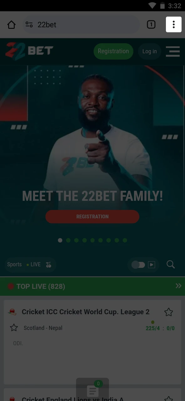 Open the browser menu while on the 22Bet website.