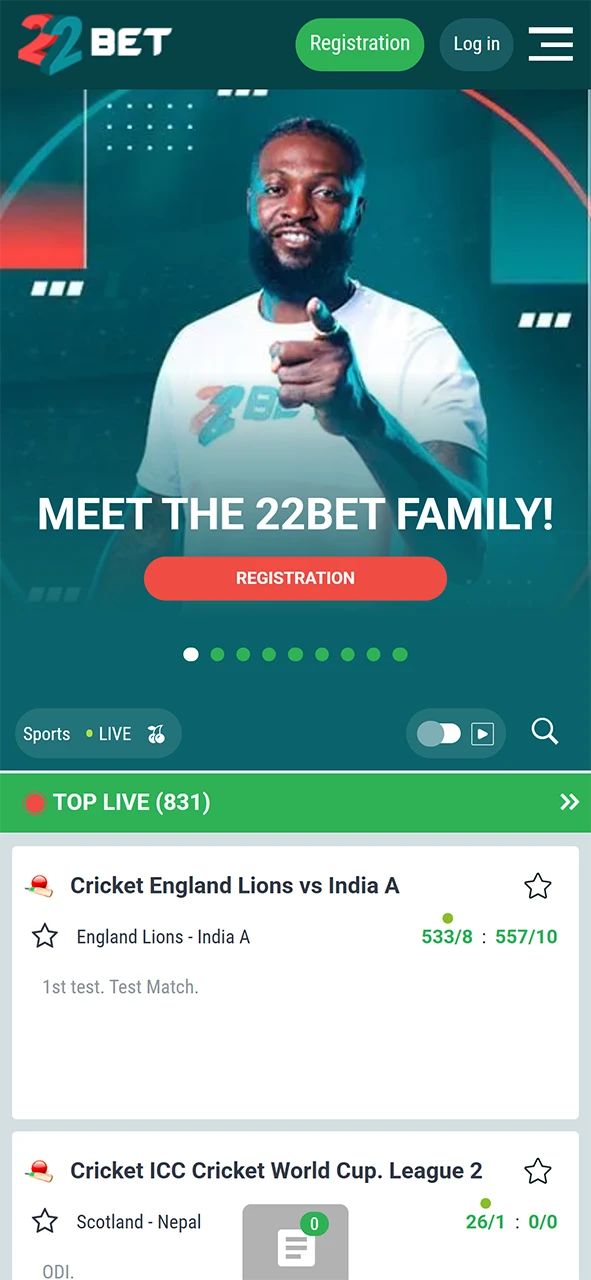 22Bet app home page.