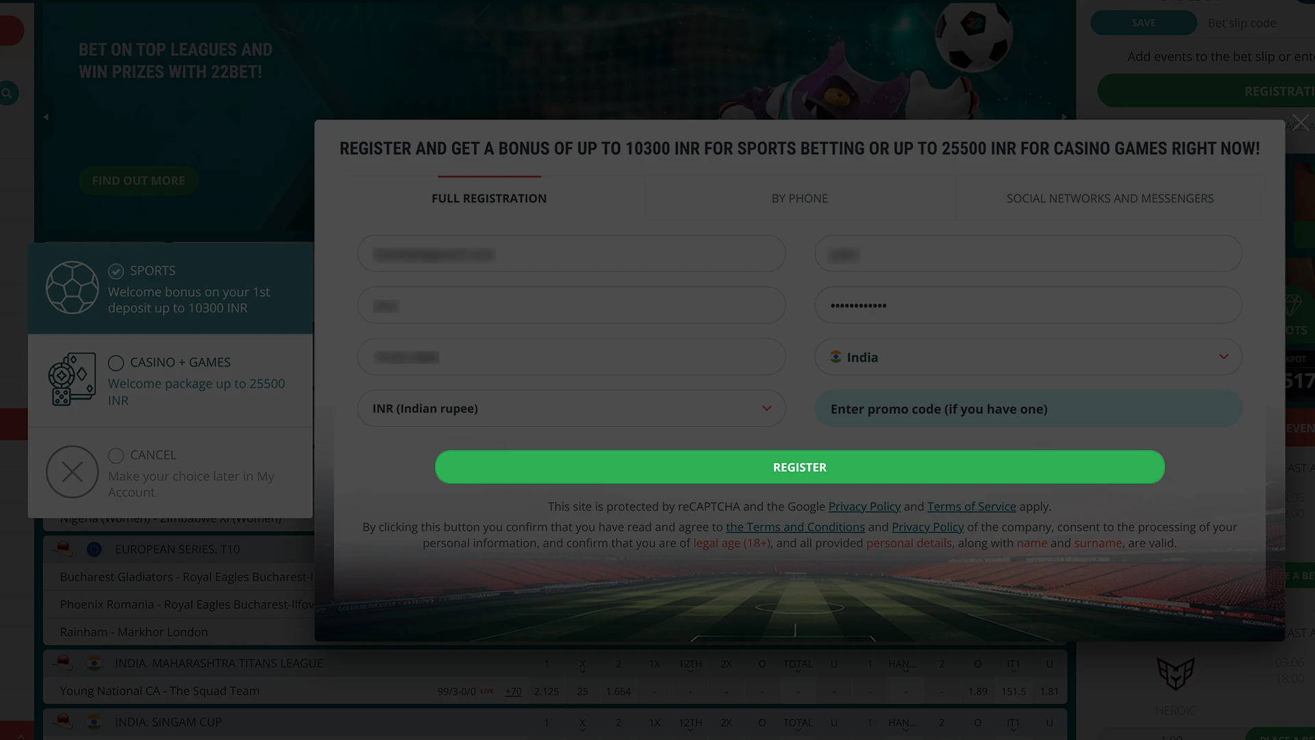 Double-check the information and confirm the creation of your 22Bet account.