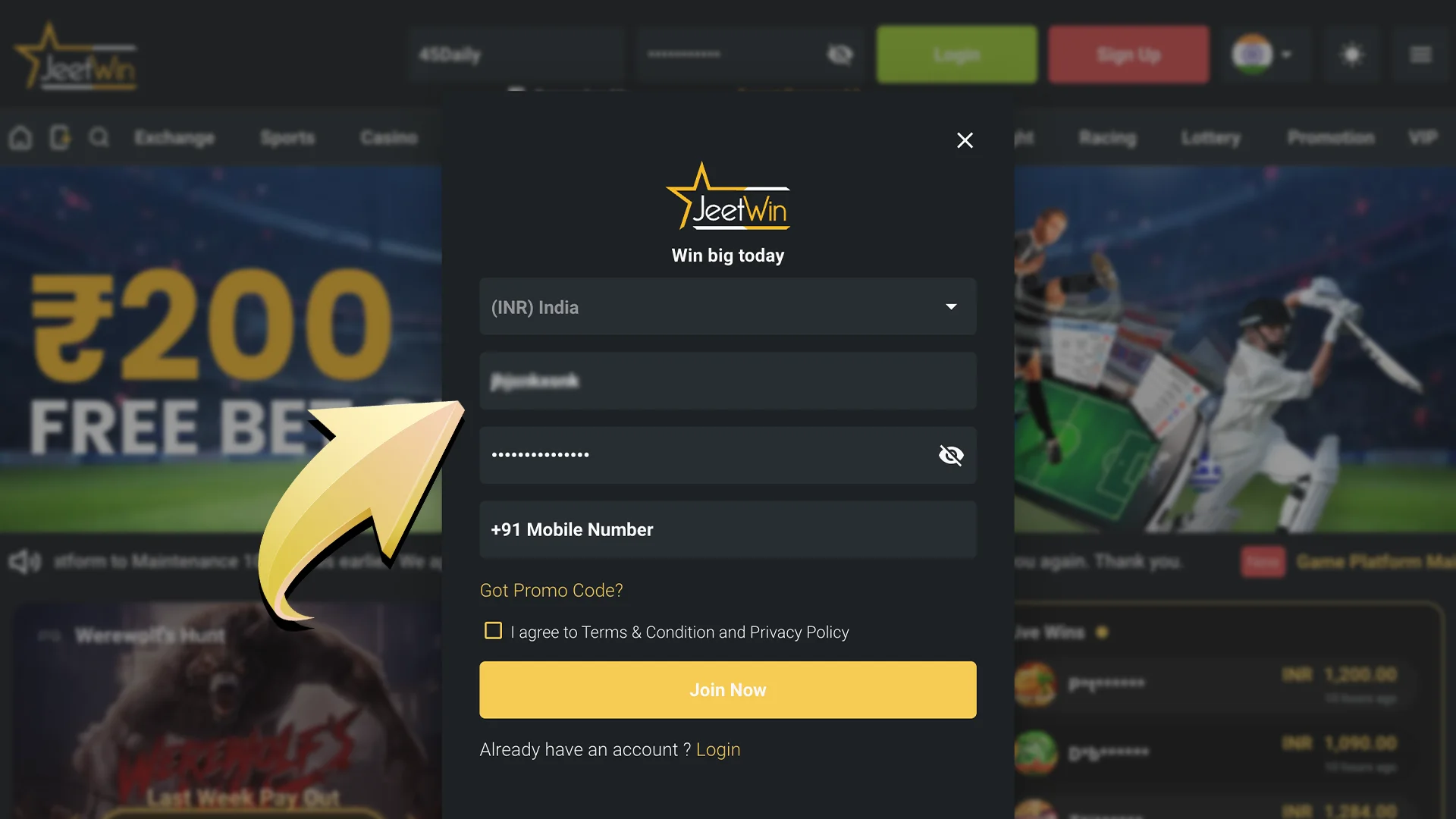 Fill in your details and join Jeetwin in minutes.