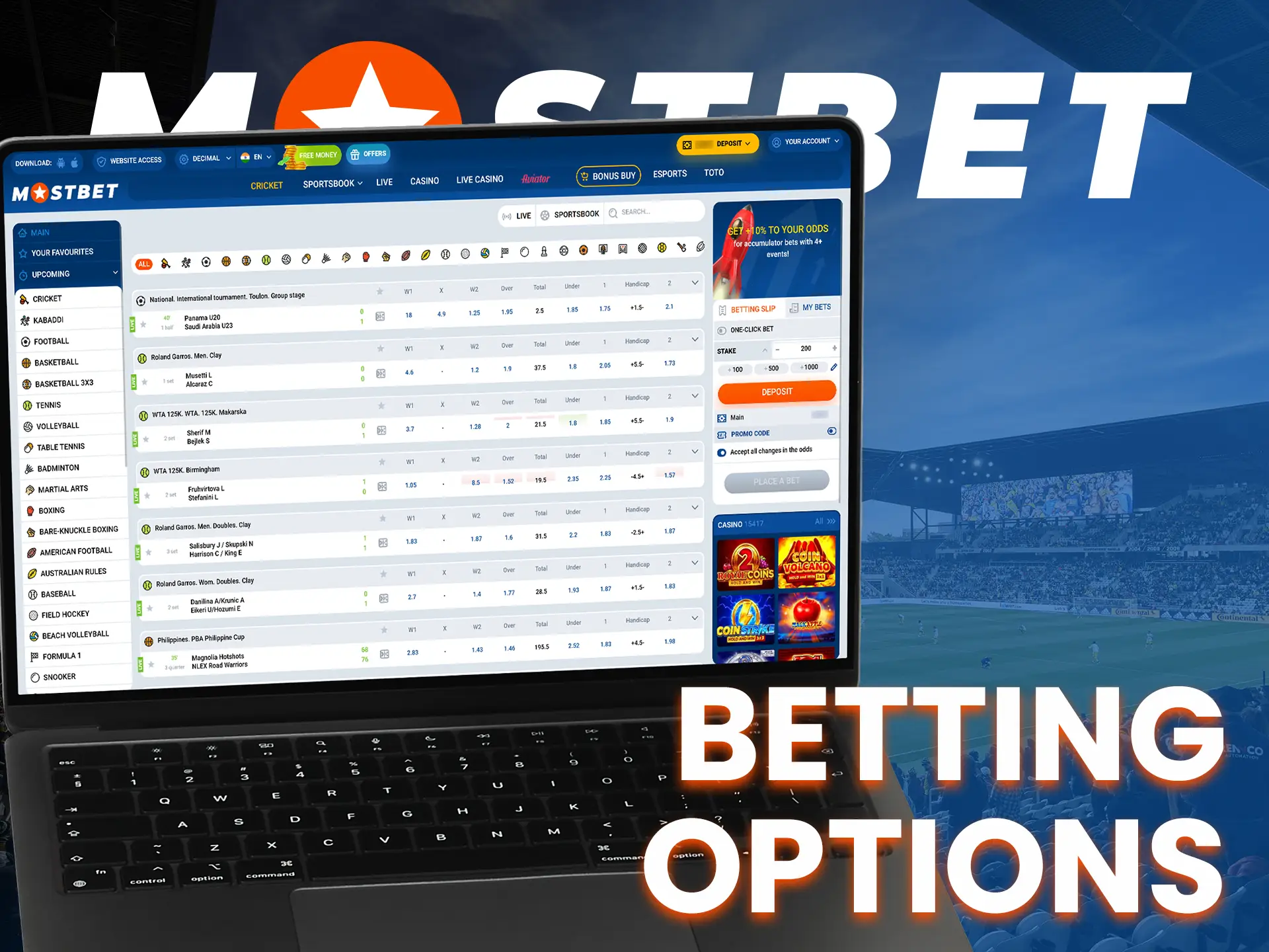 Mostbet offers numerous betting options for sports, casino, and esports.