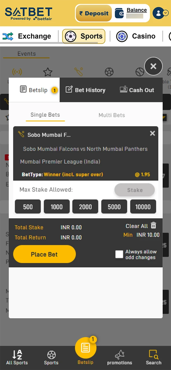 Select the bet type and market available at Satbet.
