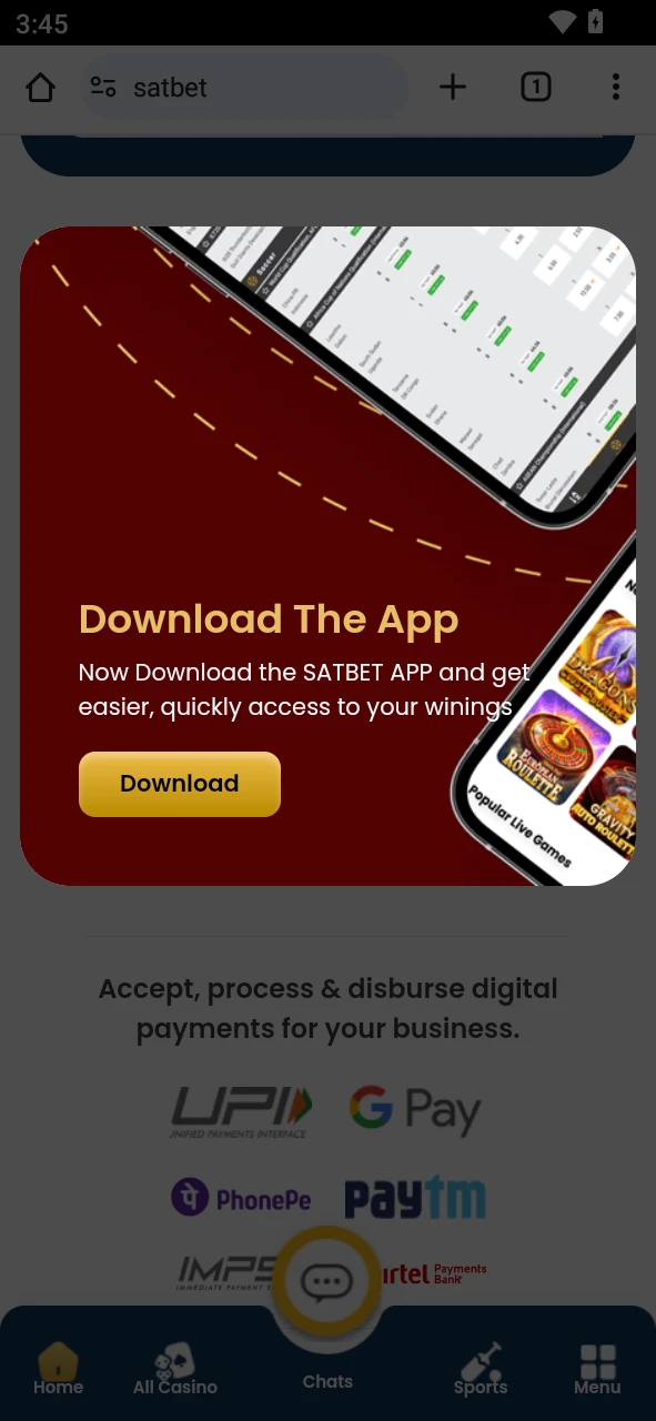 Find the download section of the Satbet app.