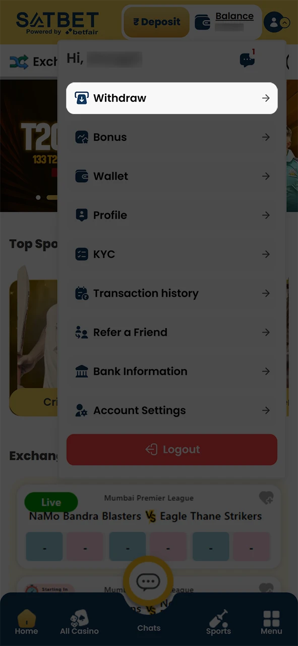 Go to the Satbet withdrawal section.