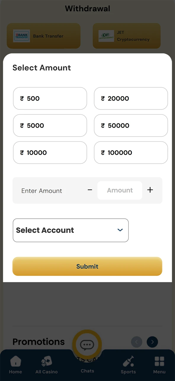 Enter the amount and withdraw your winnings from Satbet.