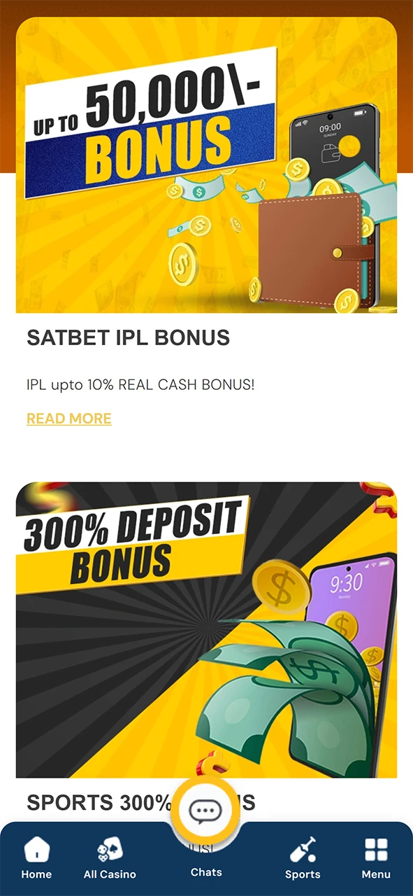Satbet bonus and promotions section.