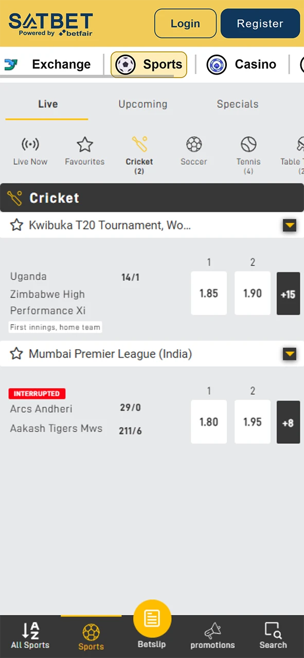 The cricket betting section of the Satbet app.