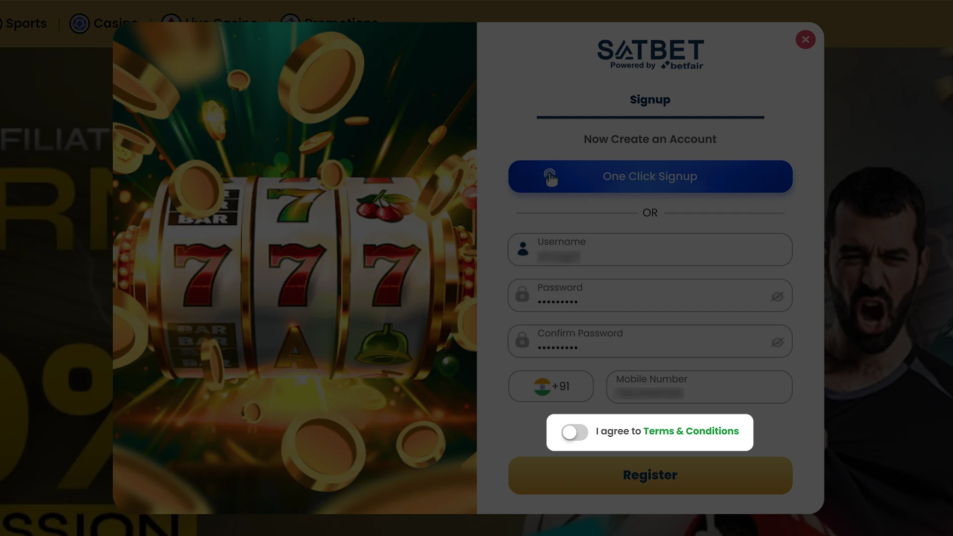 Accept Satbet's terms and conditions to create an account.