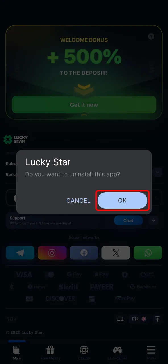 Delete the outdated version of your Lucky Star Android app before updating.