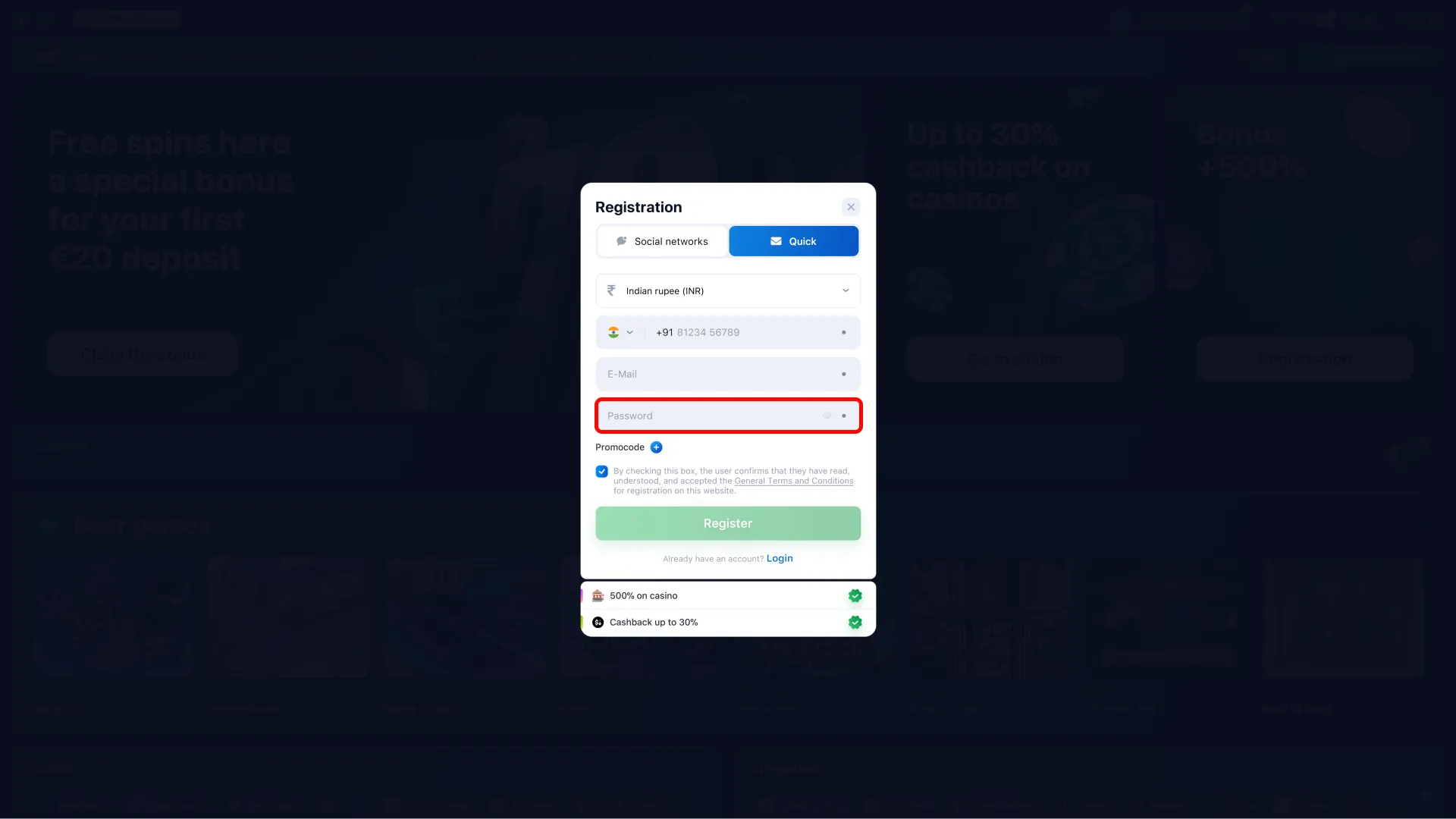 Set your password and date of birth to register on Lucky Star.