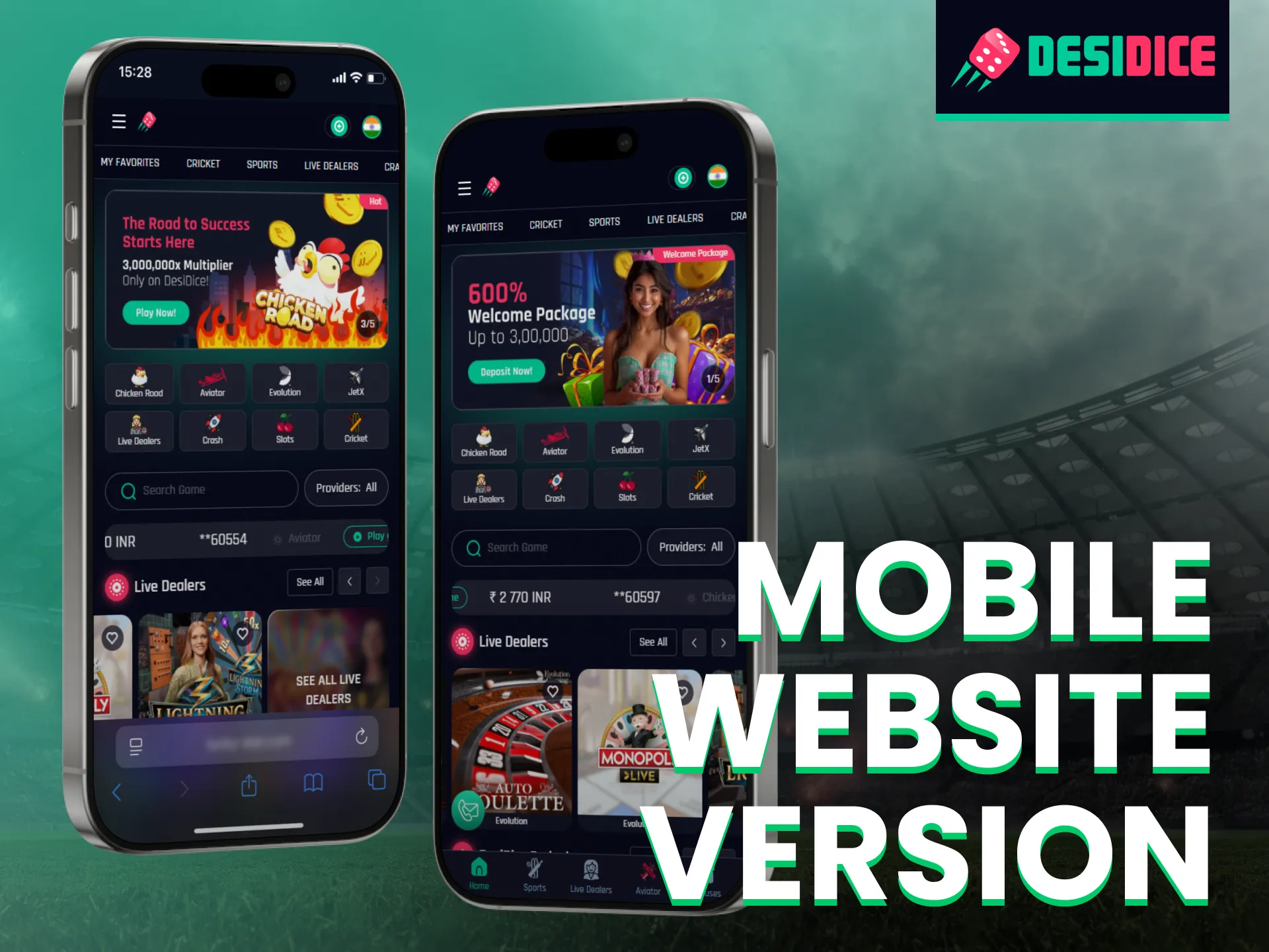 Desidice mobile website running directly in browser.
