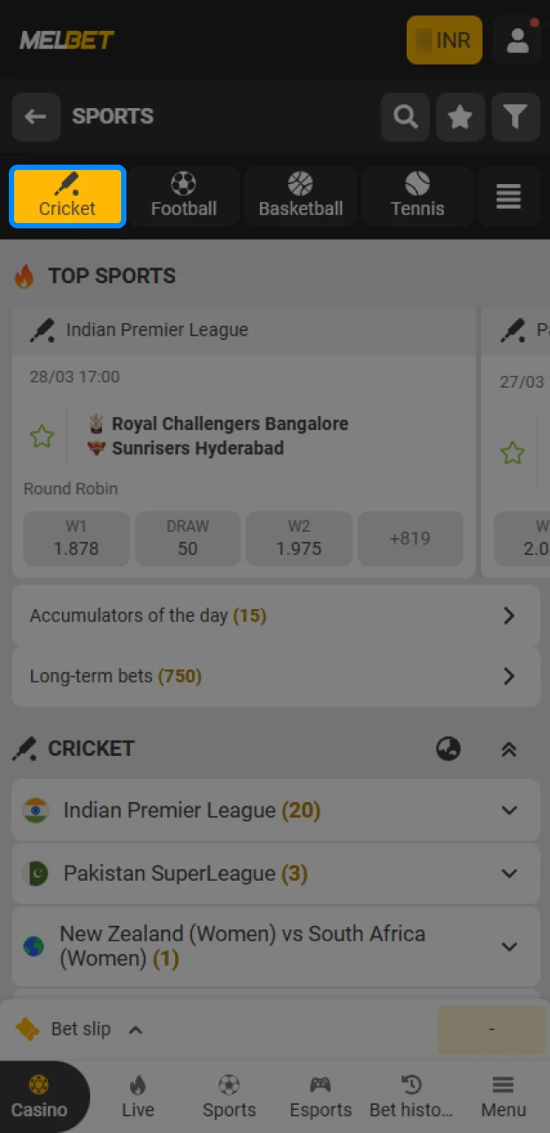 Choosing a specific sports event or betting market within a mobile betting app interface.
