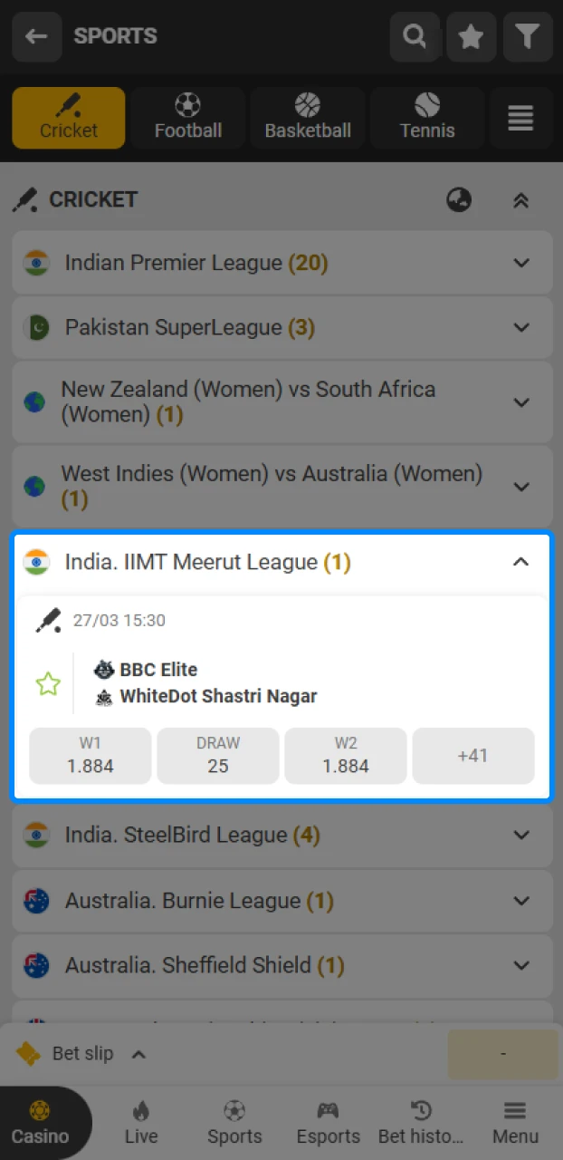 Using the search function or sports menu to find specific matches and betting odds in a mobile app.