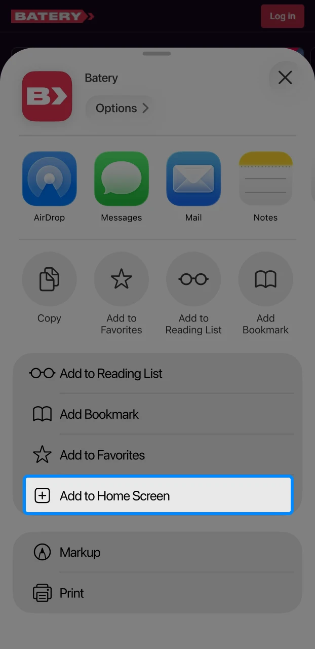 Selecting the "Add to Home Screen" option in the Safari browser to install a betting PWA on iOS.