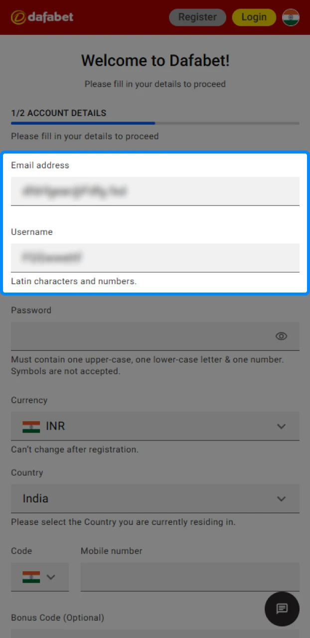Filling out the registration form in a betting app with accurate personal and contact information.