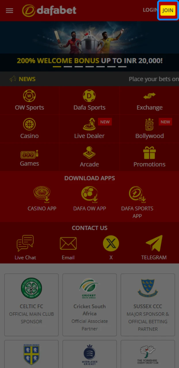 Opening the registration menu in a betting app by tapping the "Join" or "Sign Up" button.