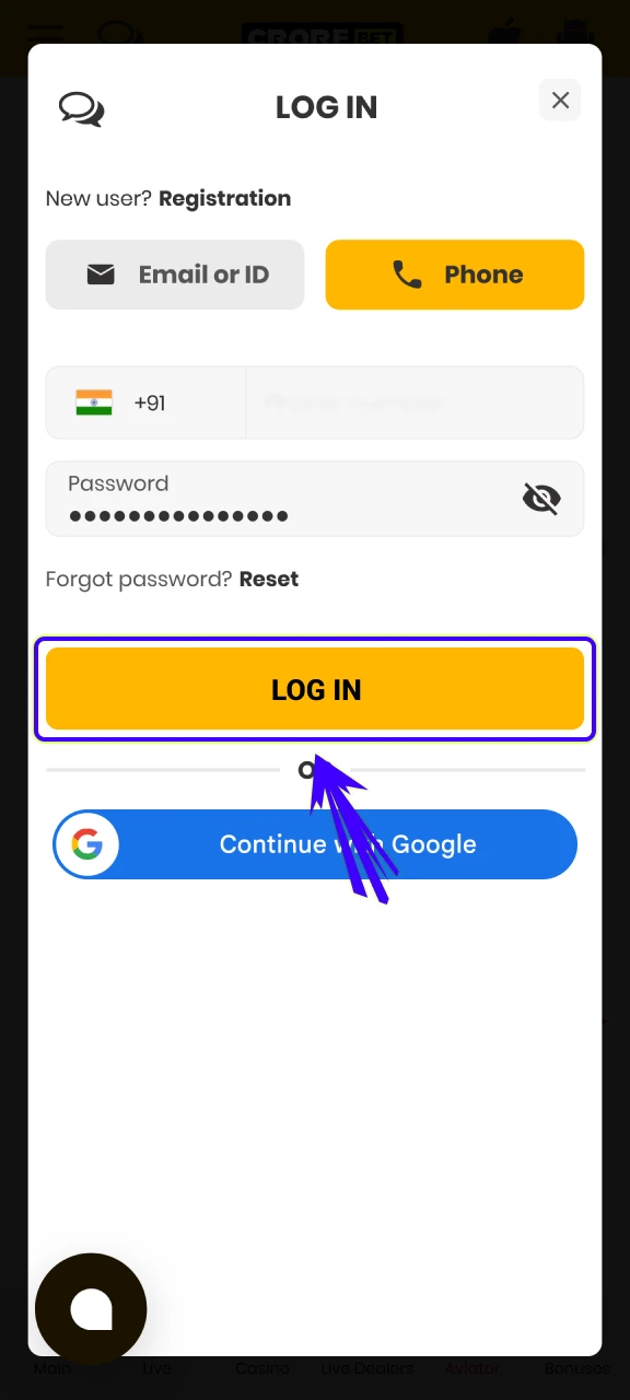 Confirm your details to finish the Crorebet App Login and gamble.