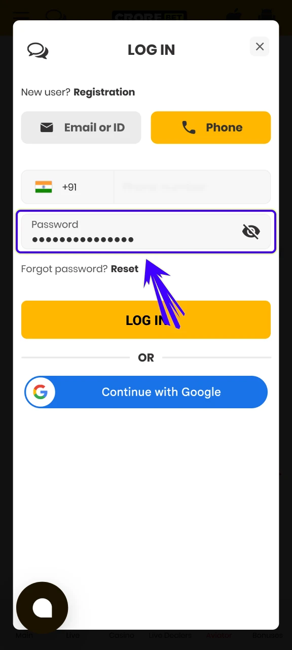 Provide your secure password to complete the Crorebet App Login.