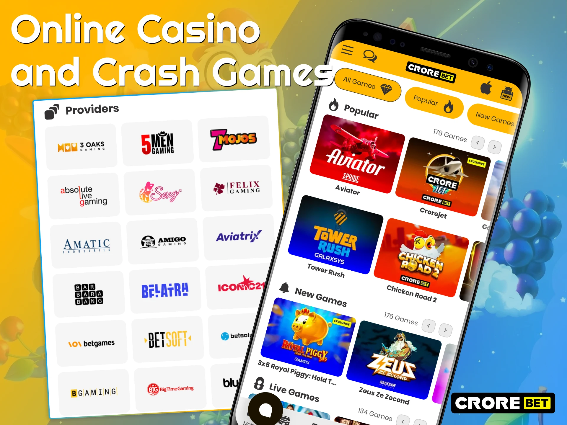 Play exciting online casino and crash games via Crorebet App.