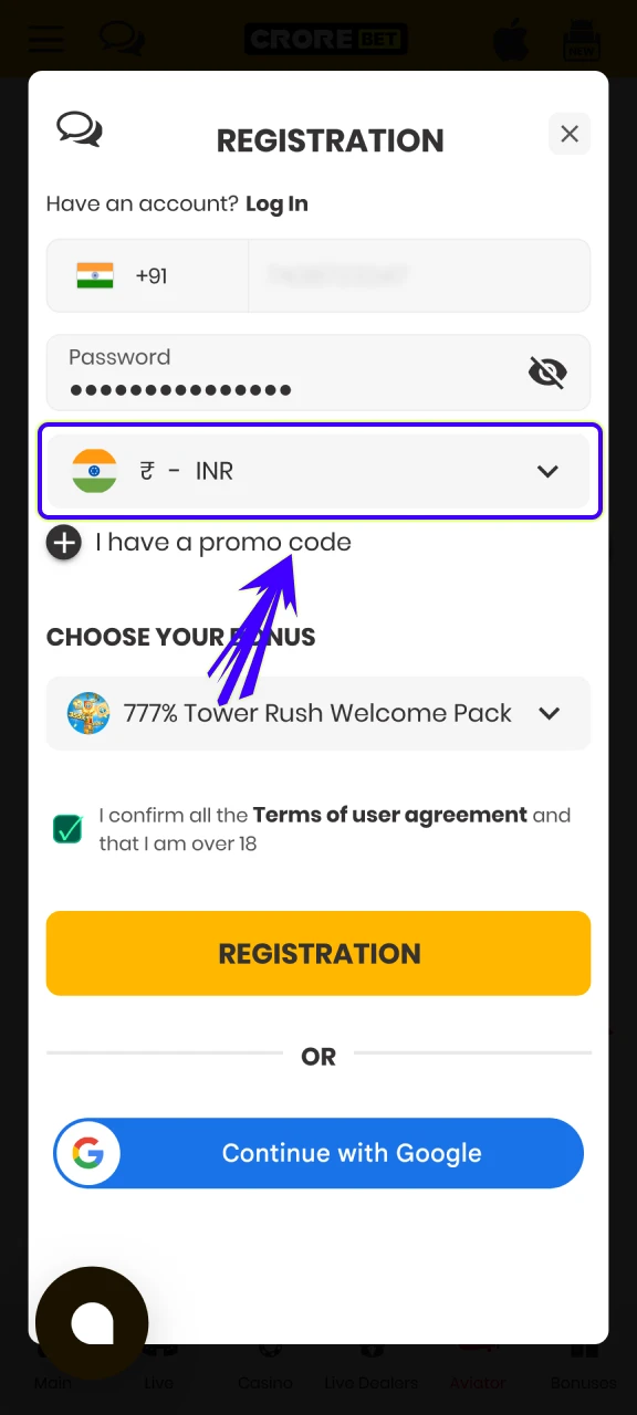 Choose Indian rupees as main account currency and manage funds in the Crorebet App.