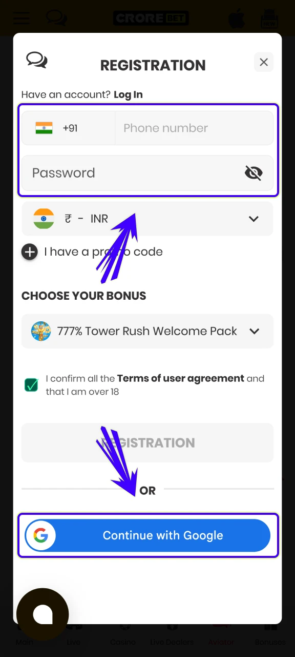 Select convenient registration method via email or phone in the Crorebet App.
