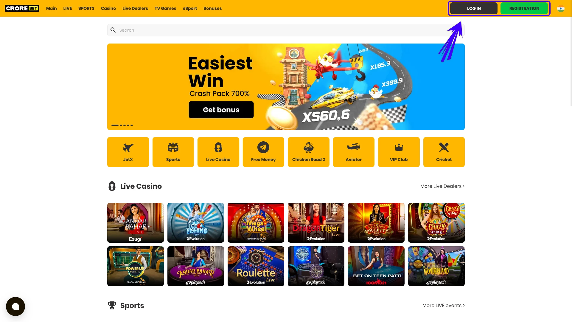 Select the registration or login button to begin your Crorebet Review experience.