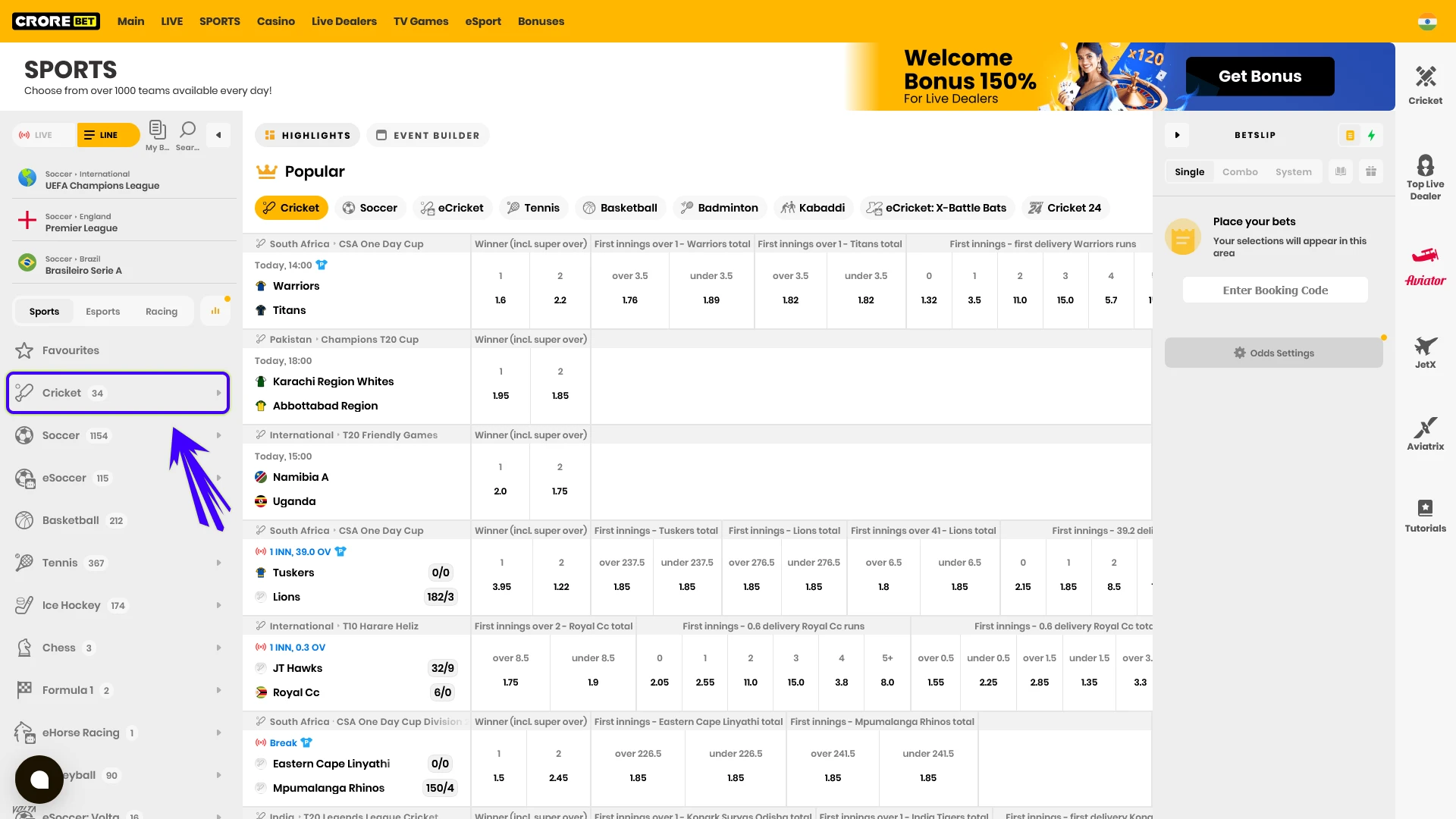 Locate to cricket using the Crorebet sidebar.