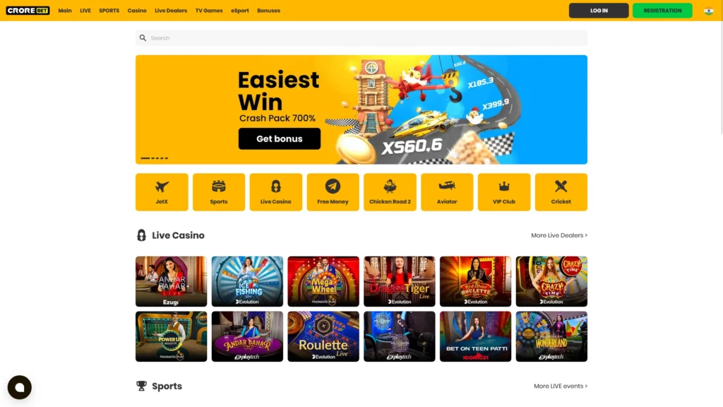 Review interface of the Crorebet main page to start betting in India.