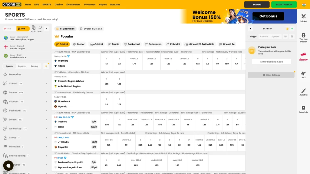 View the sports betting section at Crorebet for top matches.